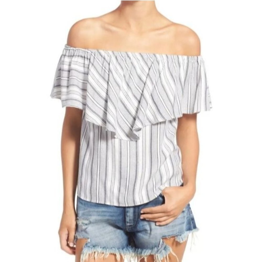 WAYF Blue White Pullover Striped Off the Shoulder Blouse Top Size XS Made in USA